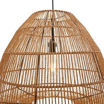 Amazon Brand – Stone & Beam Rustic Global Round Woven Lamp Shade Hanging Ceiling Pendant Fixture with Light Bulb, 14.75"H, Adjustable Hanging Height, Natural Rattan