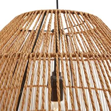 Amazon Brand – Stone & Beam Rustic Global Round Woven Lamp Shade Hanging Ceiling Pendant Fixture with Light Bulb, 14.75"H, Adjustable Hanging Height, Natural Rattan