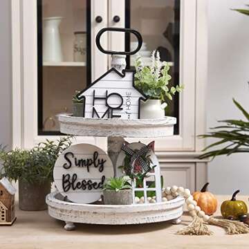 Houmury Set of 8 Farmhouse Tiered Tray Decor with 1 Artificial Succulent Plant & 1 Artificial Plant ...