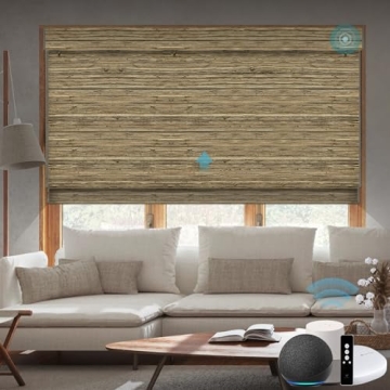 SmartWings Motorized Natural Woven Wood Blinds for Windows, Electric Auto Roman Shades with Remote f...
