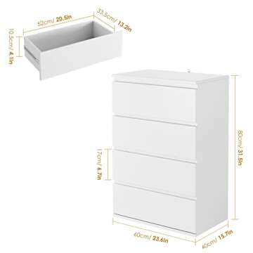 FOTOSOK 4 Drawer Dresser, White Dresser Modern Storage Chest of Drawers 23.6L x 15.7W x 31.5H in, White Dresser Storage Cabinet with 4 Drawers for Home Office, White