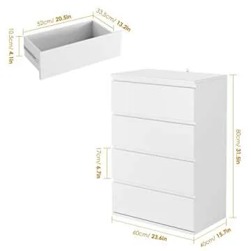 FOTOSOK 4 Drawer Dresser, White Dresser Modern Storage Chest of Drawers 23.6L x 15.7W x 31.5H in, White Dresser Storage Cabinet with 4 Drawers for Home Office, White