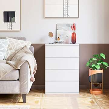 FOTOSOK 4 Drawer Dresser, White Dresser Modern Storage Chest of Drawers 23.6L x 15.7W x 31.5H in, White Dresser Storage Cabinet with 4 Drawers for Home Office, White