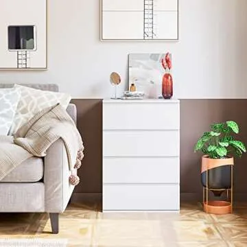 FOTOSOK 4 Drawer Dresser, White Dresser Modern Storage Chest of Drawers 23.6L x 15.7W x 31.5H in, White Dresser Storage Cabinet with 4 Drawers for Home Office, White
