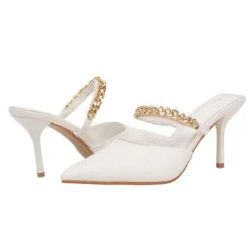 Jeesay Women's Pointed Toe Stilettos Mules Heels Pumps Slip on Gold Chains Mary Jane Dress Heels San...