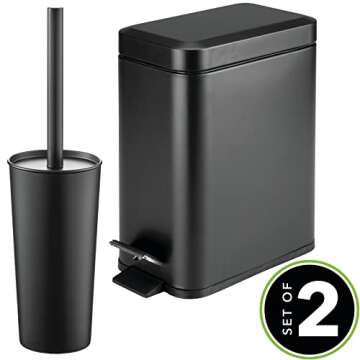 mDesign Metal Freestanding Slim Toilet Bowl Brush and Holder + Rectangle Narrow 5 Liter / 1.3 Gallon Step Pedal Trash Can Wastebasket for Bathroom - Small, Compact Design - Set of 2 - Black
