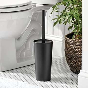 mDesign Metal Freestanding Slim Toilet Bowl Brush and Holder + Rectangle Narrow 5 Liter / 1.3 Gallon Step Pedal Trash Can Wastebasket for Bathroom - Small, Compact Design - Set of 2 - Black