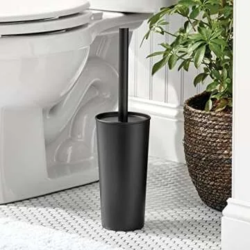 mDesign Metal Freestanding Slim Toilet Bowl Brush and Holder + Rectangle Narrow 5 Liter / 1.3 Gallon Step Pedal Trash Can Wastebasket for Bathroom - Small, Compact Design - Set of 2 - Black
