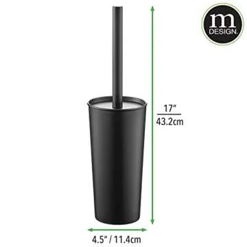 mDesign Metal Freestanding Slim Toilet Bowl Brush and Holder + Rectangle Narrow 5 Liter / 1.3 Gallon Step Pedal Trash Can Wastebasket for Bathroom - Small, Compact Design - Set of 2 - Black