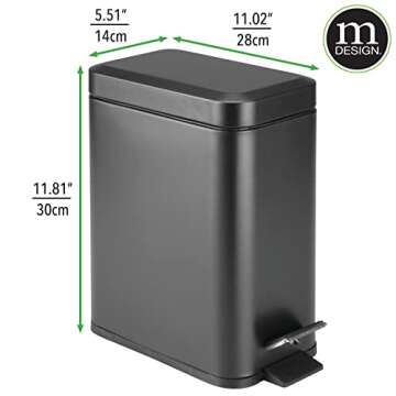 mDesign Metal Freestanding Slim Toilet Bowl Brush and Holder + Rectangle Narrow 5 Liter / 1.3 Gallon Step Pedal Trash Can Wastebasket for Bathroom - Small, Compact Design - Set of 2 - Black
