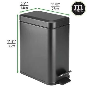 mDesign Metal Freestanding Slim Toilet Bowl Brush and Holder + Rectangle Narrow 5 Liter / 1.3 Gallon Step Pedal Trash Can Wastebasket for Bathroom - Small, Compact Design - Set of 2 - Black