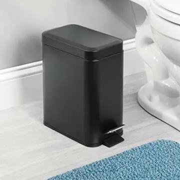 mDesign Metal Freestanding Slim Toilet Bowl Brush and Holder + Rectangle Narrow 5 Liter / 1.3 Gallon Step Pedal Trash Can Wastebasket for Bathroom - Small, Compact Design - Set of 2 - Black