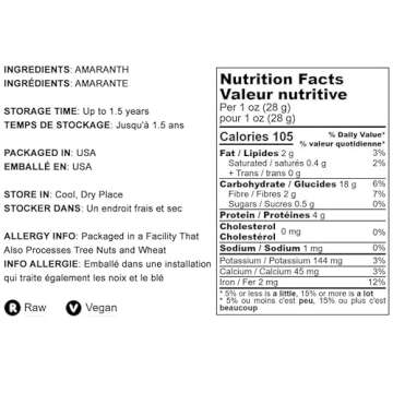 Food to Live Amaranth Grain, 1 Pound - 100% Whole Seeds, Vegan, Kosher, Bulk. Sweet, Nutty Flavor. Rich in Protein, Calcium. Great Alternative to Rice or Quinoa. Great for Cereal, Salads, Soups