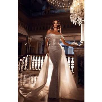 Short Sleeve Mermaid Evening Gown with Detachable Train