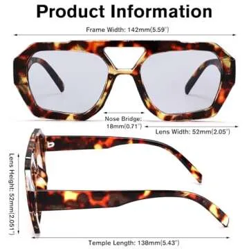 LIU·WEN Trendy Aviator Sunglasses for Women Men - Vintage Hexagonal Square Thick Frame Shades(Leopard/Light Gray)