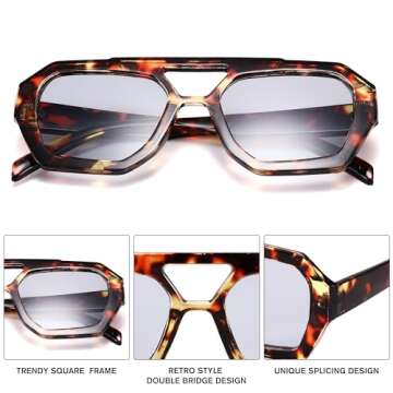 LIU·WEN Trendy Aviator Sunglasses for Women Men - Vintage Hexagonal Square Thick Frame Shades(Leopard/Light Gray)