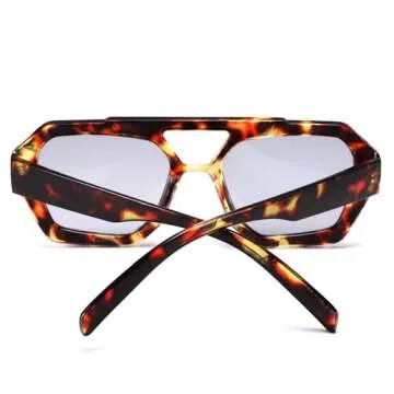 LIU·WEN Trendy Aviator Sunglasses for Women Men - Vintage Hexagonal Square Thick Frame Shades(Leopard/Light Gray)