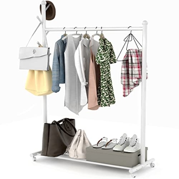 EKNITEY Clothes Garment Rack Portable - Rolling Clothing Organizer Rack on Wheels with Bottom Shelves (White)