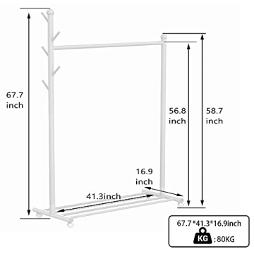 EKNITEY Clothes Garment Rack Portable - Rolling Clothing Organizer Rack on Wheels with Bottom Shelves (White)