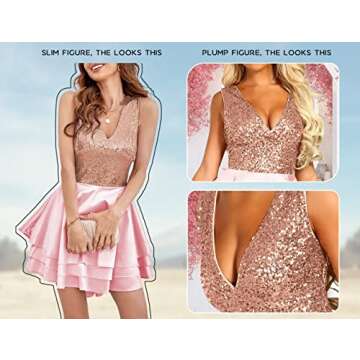 Lrady Women's Sequin Glitter V Neck Skater Mini Club Cocktail Party Swing Dress, Pink, Medium
