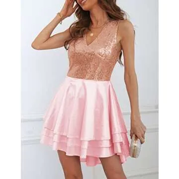 Lrady Women's Sequin Glitter V Neck Skater Mini Club Cocktail Party Swing Dress, Pink, Medium