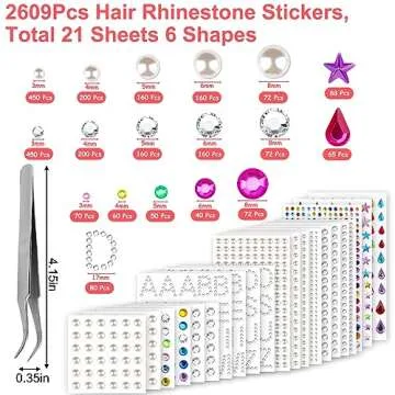 2609 Pieces Hair Gems,Hair Jewels Diamonds and Letters Rhinestones with Tweezers,Hair Pearls Stick on,Self Adhesive Bling Rhinestone Stickers for Crafts,Face,Eye,Nail,Clothing,6 Shapes, 3-8mm