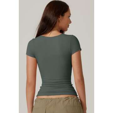 QINSEN Summer Tops for Women Slim Fit Short Sleeve T Shirts Basic Crewneck Y2K Crop Top, Army Green XLarge