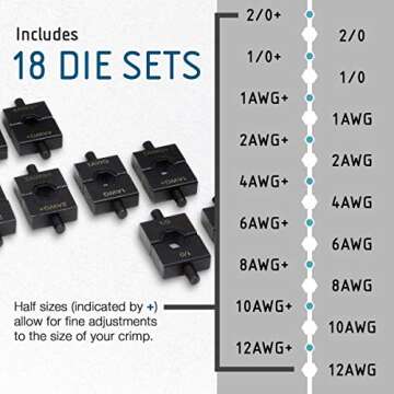 TEMCo TH0006 Hydraulic Electrical Cable Lug/Terminal Crimper Kit with 18 Die Sets 12 AWG - 00 (2/0) (5 US TON)