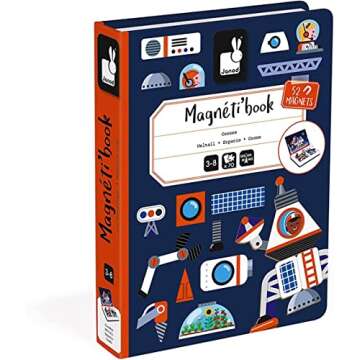 Janod - Magneti'Book Universe - 70 - Part Educational Magnetic Game Teaches Fine Motor Skills and Imagination - Suitable for Ages 3 and Up, J02589, White