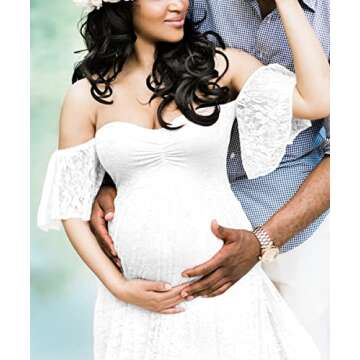 ZIUMUDY Photography Maternity Dress Off Shoulder Lace Baby Shower Pregnant Wedding Dress (White, Lar...