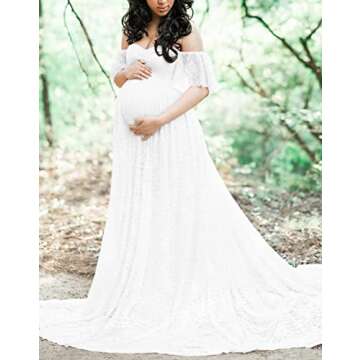 ZIUMUDY Photography Maternity Dress Off Shoulder Lace Baby Shower Pregnant Wedding Dress (White, Large)