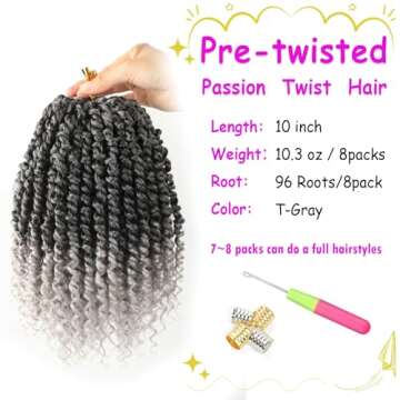 Pre-twisted Passion Twist Crochet Hair 10 Inch 8 Packs Crochet Passion Twist, Pre Looped Short Ombre Passion Twist Hair Crochet Twist Braids Bohemian Crochet Hair for Women Curly Ends T-Gray