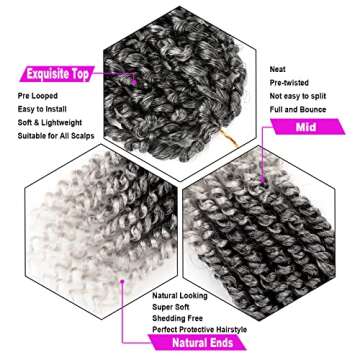 Pre-twisted Passion Twist Crochet Hair 10 Inch 8 Packs Crochet Passion Twist, Pre Looped Short Ombre Passion Twist Hair Crochet Twist Braids Bohemian Crochet Hair for Women Curly Ends T-Gray