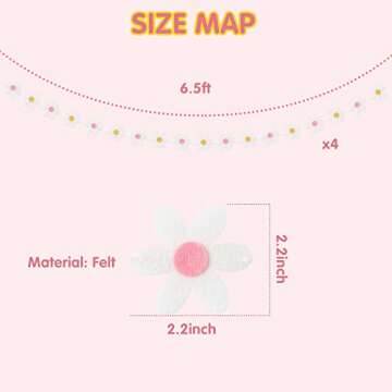 A1diee 4Pcs Summer Daisy Groovy Boho Garland - Felt Flower Vines Banner for Party & Decor