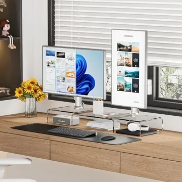 X-cosrack Acrylic Monitor Stand Riser,Dual Monitor Stand with Adjustable Length and Angle,3 Shelf with Anti-Slip Mat for Laptop, Computer, PC, Printer,TV Screen