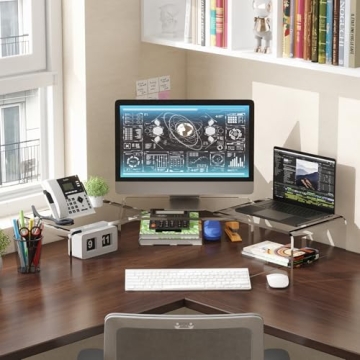 X-cosrack Acrylic Monitor Stand Riser,Dual Monitor Stand with Adjustable Length and Angle,3 Shelf with Anti-Slip Mat for Laptop, Computer, PC, Printer,TV Screen