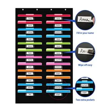 REGELETO 24 Pocket Storage Chart with Nametag Pockets, Hanging Wall File Organizer for Classroom and Office, Black