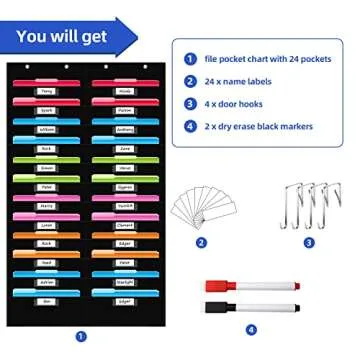 REGELETO 24 Pocket Storage Chart with Nametag Pockets, Hanging Wall File Organizer for Classroom and Office, Black