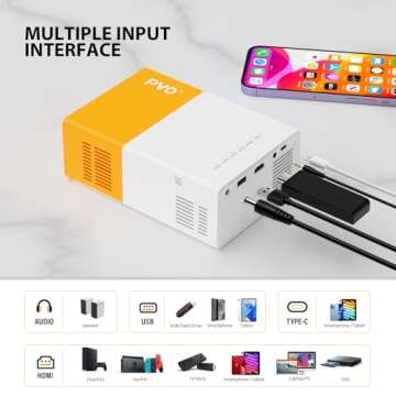 PVO Projector, WiFi Projector Portable Movie Projector 1080P, Phone Screen Can be Mirrored to The Projector Wirelessly or by Data Cable, Compatible with Smartphone/ Tablet/ Laptop/TV Stick/USB Drive