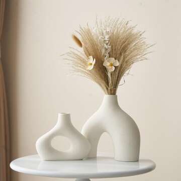 White Ceramic Vase Set of 2 for Modern Home Decor Round Matte Donut Vases for Pampas Grass Boho Neut...