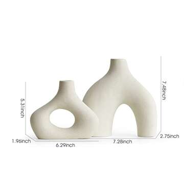 White Ceramic Vase Set of 2 for Modern Home Decor Round Matte Donut Vases for Pampas Grass Boho Neutral Minimalist Flower Vases for Living Room Table Centerpiece Office Wedding Decoration