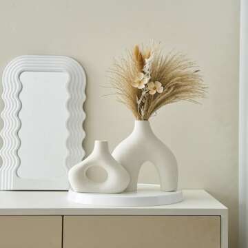 White Ceramic Vase Set of 2 for Modern Home Decor Round Matte Donut Vases for Pampas Grass Boho Neutral Minimalist Flower Vases for Living Room Table Centerpiece Office Wedding Decoration