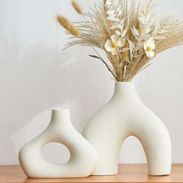 White Ceramic Vase Set of 2 for Modern Home Decor Round Matte Donut Vases for Pampas Grass Boho Neutral Minimalist Flower Vases for Living Room Table Centerpiece Office Wedding Decoration