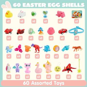 JOYIN 60 Pcs Pre Filled Easter Eggs with Toys Combo Set, Bright Colors Easter Toys for Easter Egg Hu...