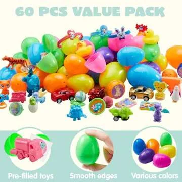 JOYIN 60 Pcs Pre Filled Easter Eggs with Toys Combo Set, Bright Colors Easter Toys for Easter Egg Hunt, Basket Stuffers, Party Favors, Classroom Events