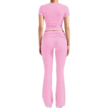 ZFLM Casual Workout Two Piece Outfits for Women Short Sleeve Crop High Waist Foldover Flare Pants Tracksuit Sets Streetwear