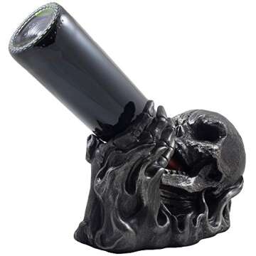 Evil Skull Rising from Flames Wine Bottle Holder Statue in Metallic Look for Scary Skeleton Halloween Party Decorations or Spooky Gothic Bar Decor As Gifts for Man Cave?