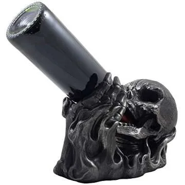 Evil Skull Rising from Flames Wine Bottle Holder Statue in Metallic Look for Scary Skeleton Halloween Party Decorations or Spooky Gothic Bar Decor As Gifts for Man Cave?