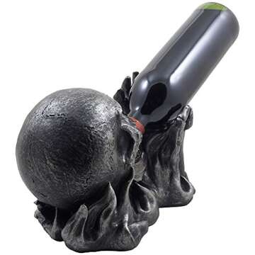 Evil Skull Rising from Flames Wine Bottle Holder Statue in Metallic Look for Scary Skeleton Halloween Party Decorations or Spooky Gothic Bar Decor As Gifts for Man Cave?