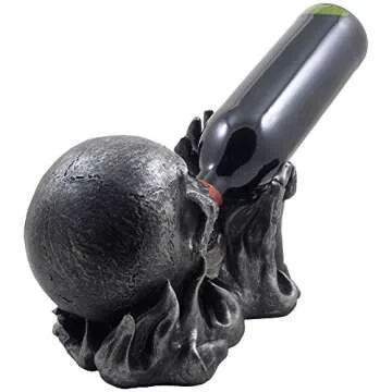Evil Skull Rising from Flames Wine Bottle Holder Statue in Metallic Look for Scary Skeleton Halloween Party Decorations or Spooky Gothic Bar Decor As Gifts for Man Cave?